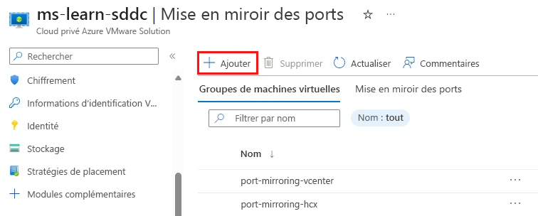Capture d’écran du portail Azure montrant où configurer la mise en miroir de ports pour les machines virtuelles ou les groupes de machines virtuelles de destination.