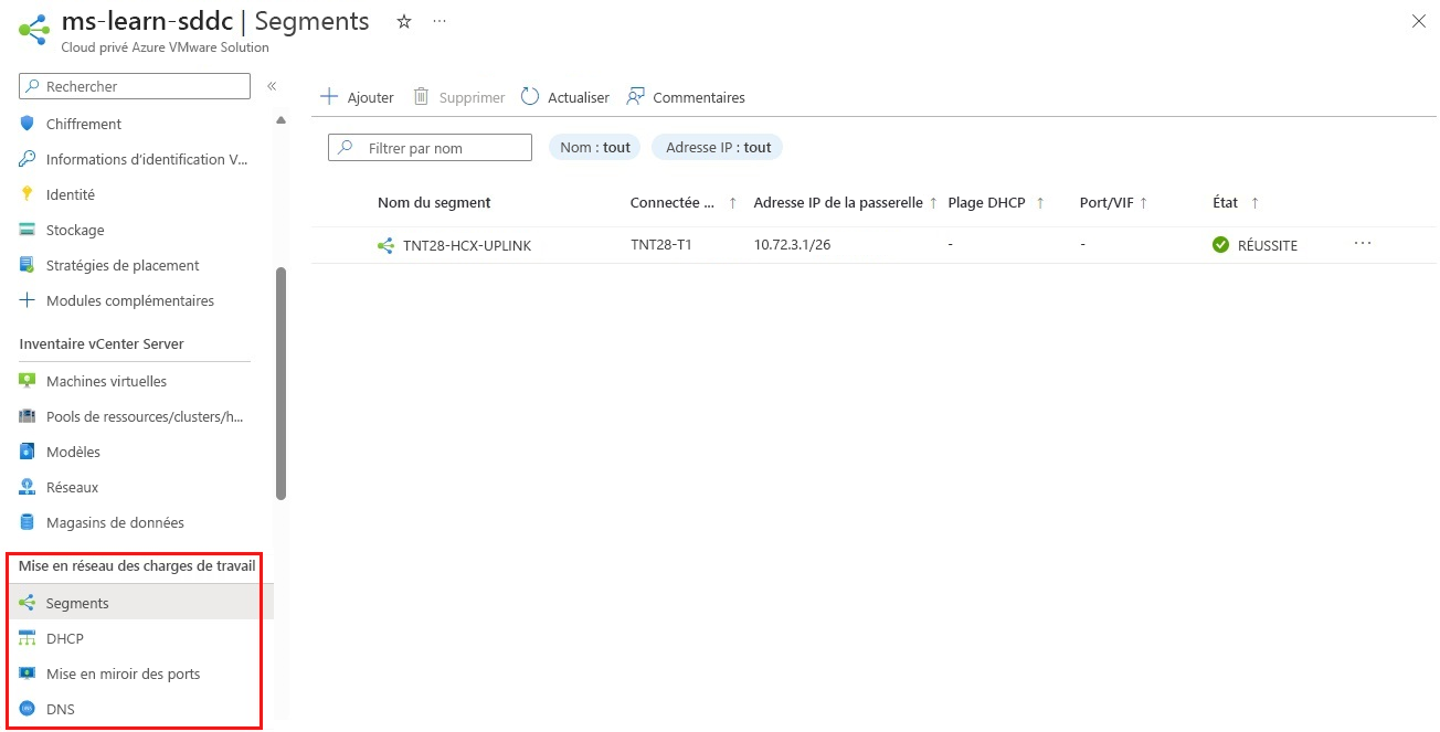 Capture d’écran du portail Azure montrant où configurer les options NSX Manager pour les segments, DHCP, la mise en miroir de ports et DNS.
