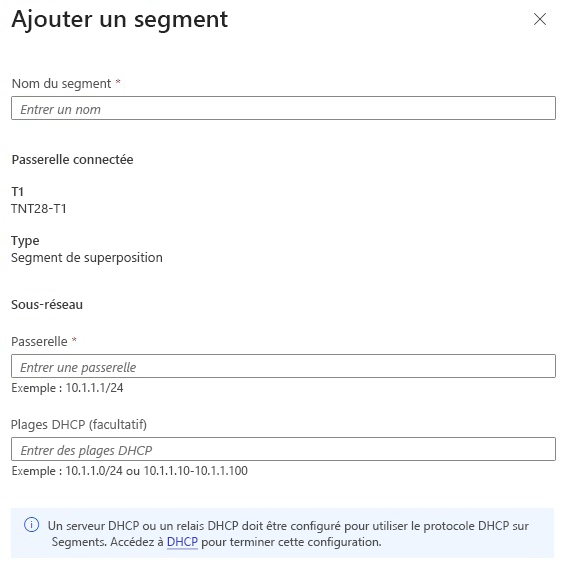 Capture d’écran du portail Azure montrant où indiquer les informations relatives au segment réseau.