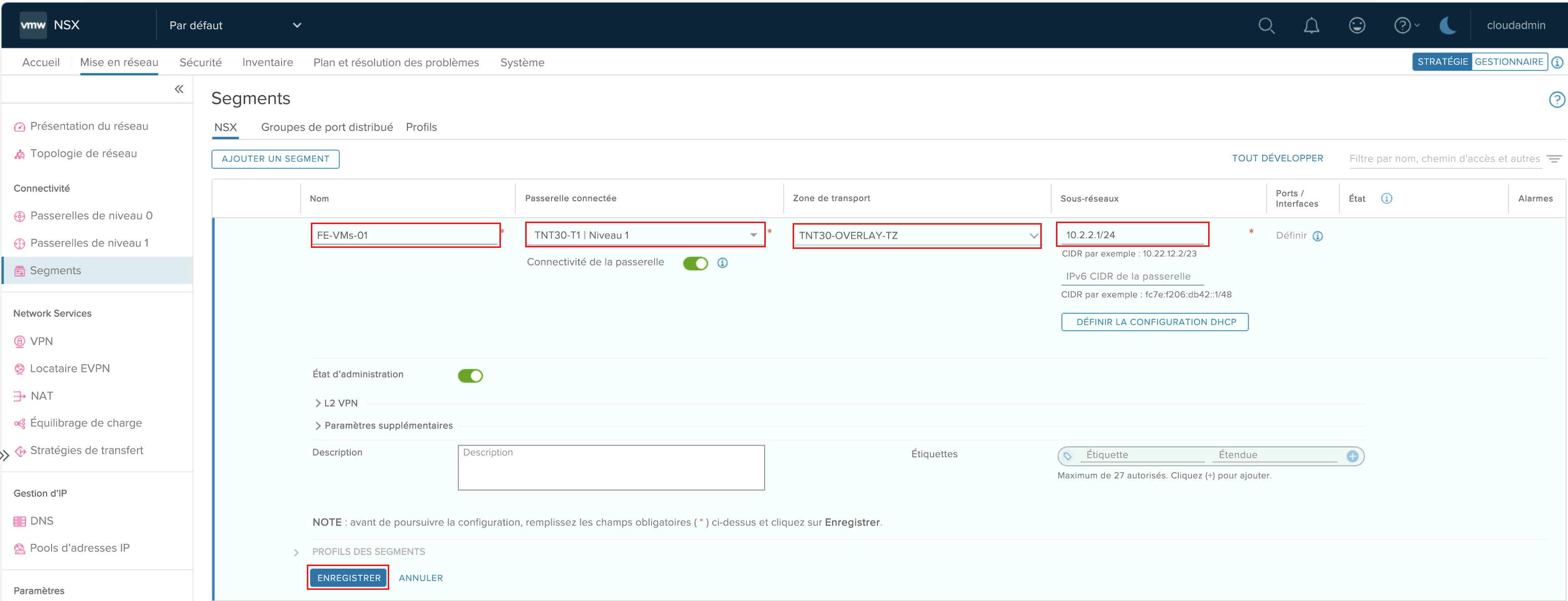 Capture d’écran montrant comment ajouter des détails pour le nouveau segment dans NSX Manager.