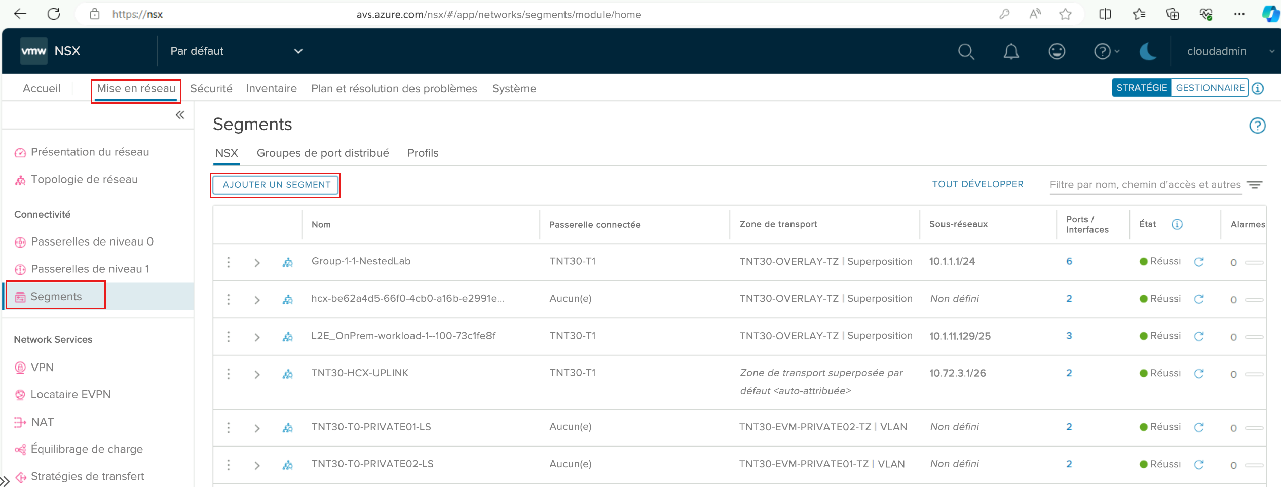 Capture d’écran de la procédure d’ajout d’un segment dans NSX.