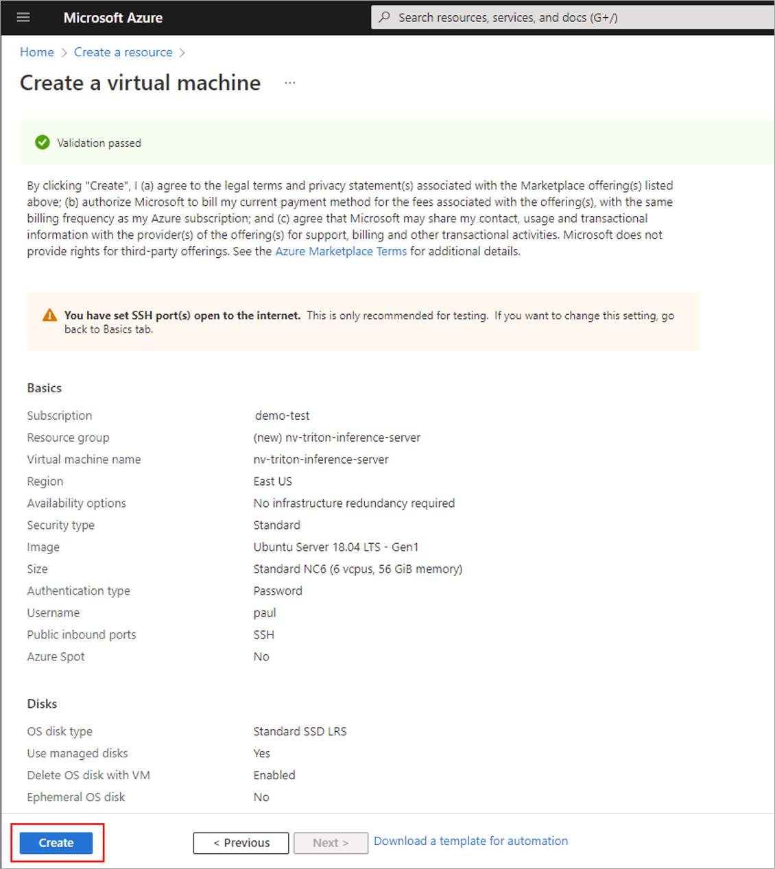 Le résumé de la machine virtuelle et le bouton Créer sont affichés.