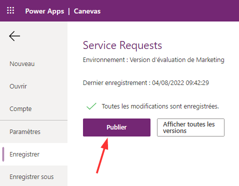 Capture d’écran de Power Apps illustrant le bouton Publier l’application canevas.