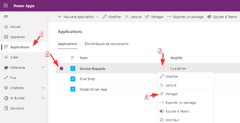 Capture d’écran de Power Apps illustrant la page Applications avec une application sélectionnée et le menu déroulant Plus de commandes cliqué pour révéler l’option Partager.