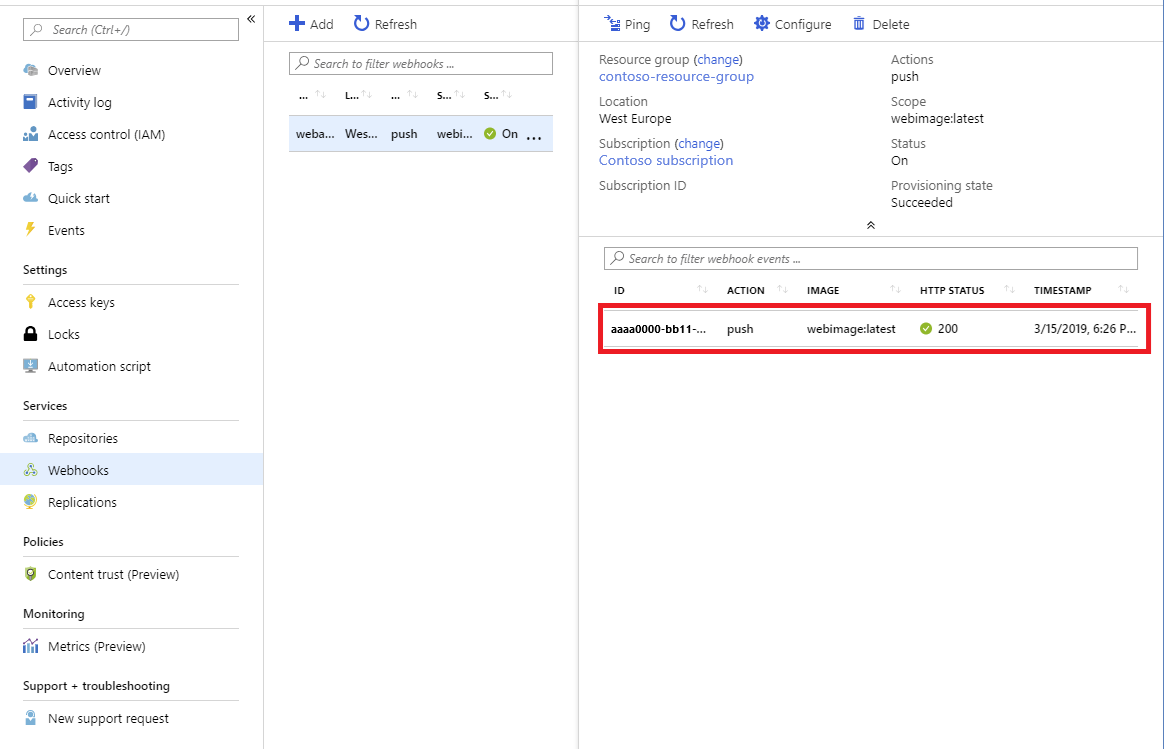 Capture d’écran du Webhook montrant l’événement d’envoi (push).