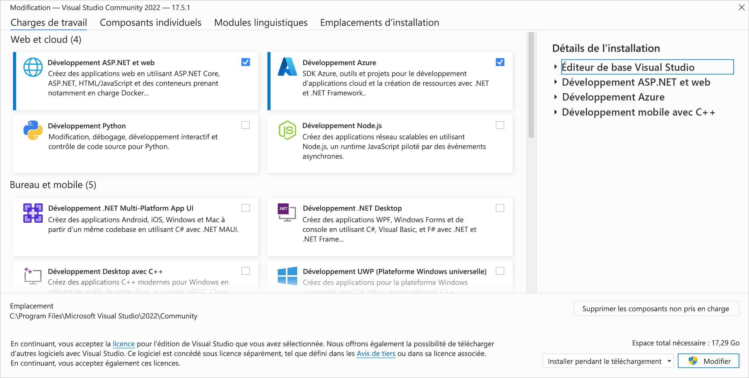 Capture d’écran de l’onglet Modification des charges de travail Visual Studio Community 2022 avec le développement ASP.NET et web, et le développement Azure en surbrillance.
