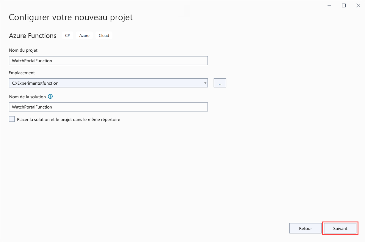 Capture d’écran de la page Configurer votre nouveau projet avec mise en évidence de l’option de création