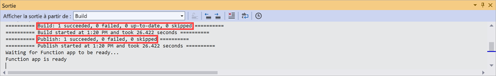 Capture d’écran de la fenêtre Sortie dans Visual Studio. Les messages de sortie indiquent que les fonctions ont été publiées.