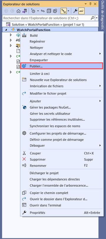 Capture d’écran de Visual Studio avec l’option Publier pour le projet WatchPortalFunctions.