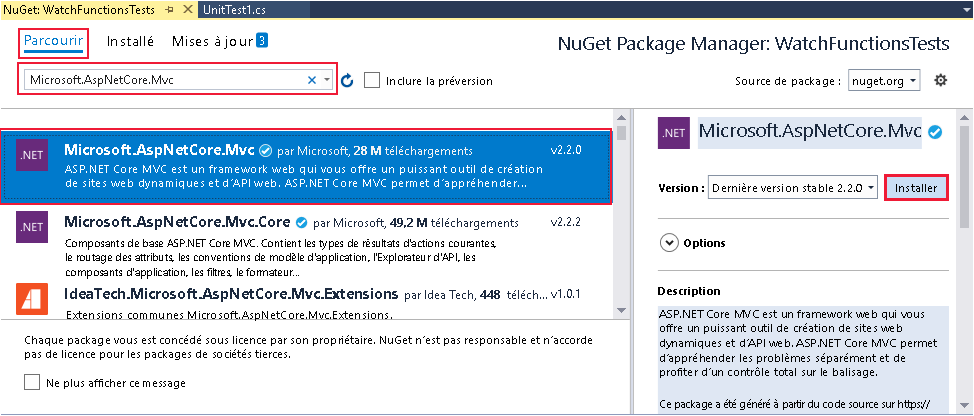 Capture d’écran de la fenêtre du Gestionnaire de package NuGet. L’utilisateur installe le package Microsoft.AspNetCore.Mvc.
