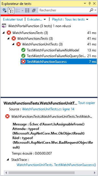 Capture d’écran de la fenêtre Team Explorer. Le test TestWatchFunctionSuccess a échoué.