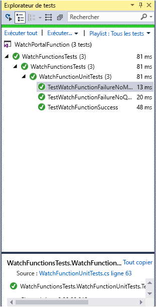 Capture d’écran de la fenêtre Team Explorer. Les trois tests ont été exécutés.