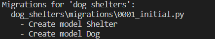 Screenshot that shows two models in a database migration.