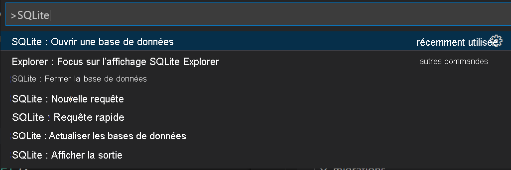 Screenshot that shows the SQLite command palette.