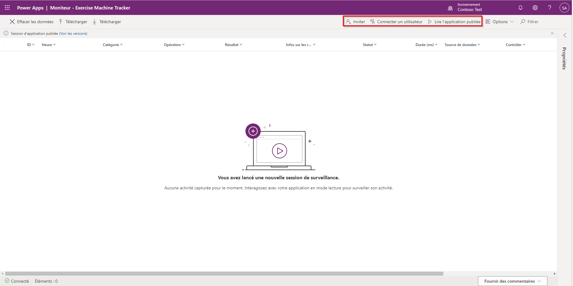 Capture d’écran d’un tableau de bord vide avec les boutons Inviter, Connecter un utilisateur et Exécuter l’application publiée du ruban mis en évidence.