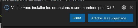 Capture d’écran de l’invite Visual Studio Code pour installer l’extension C#.