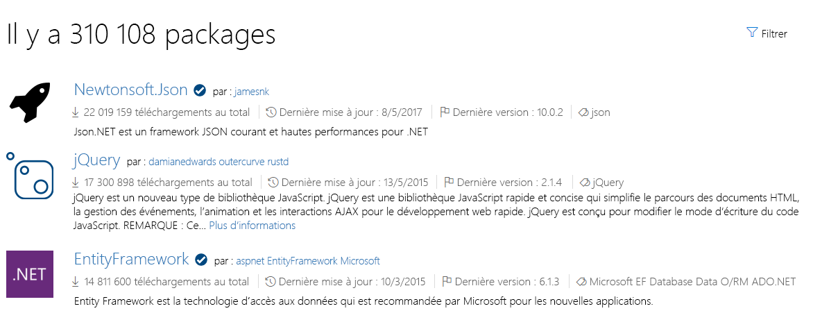 Capture d’écran de NuGet.org montrant une liste de packages populaires.