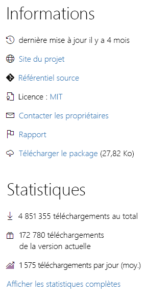Capture d’écran des informations et des métriques sur un package NuGet.