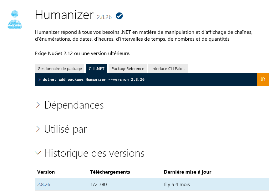 Capture d’écran de la page d’accueil d’un package NuGet.
