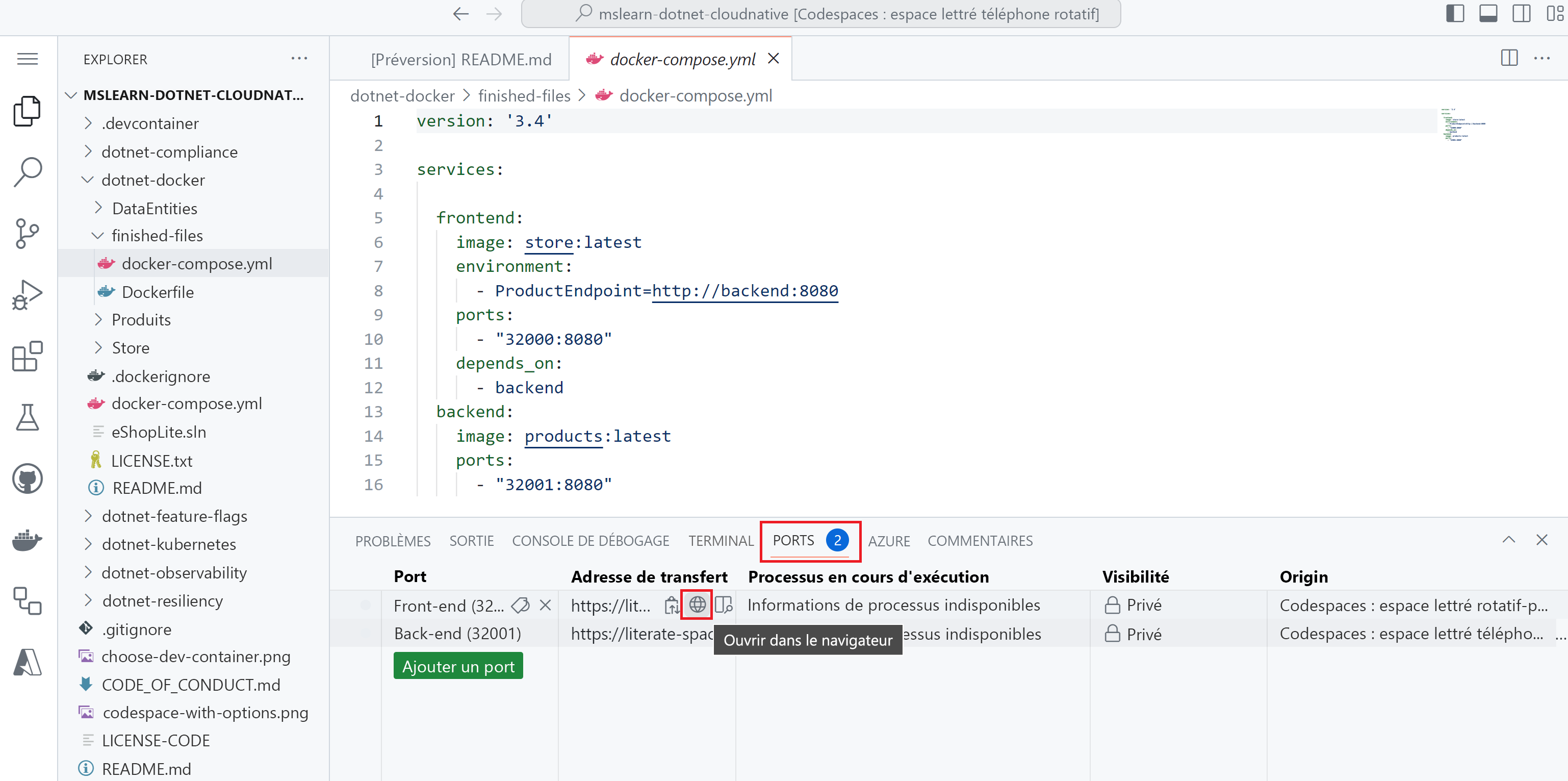 Capture d’écran de l’onglet Ports codespace.