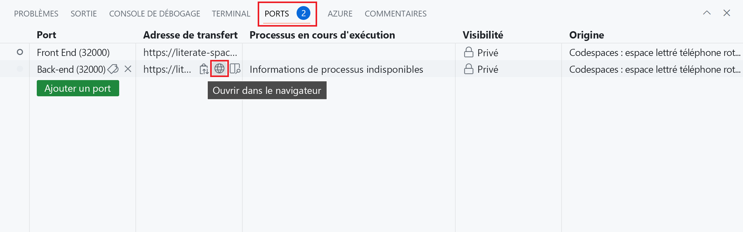Capture d’écran montrant comment se connecter au service de produits backend.