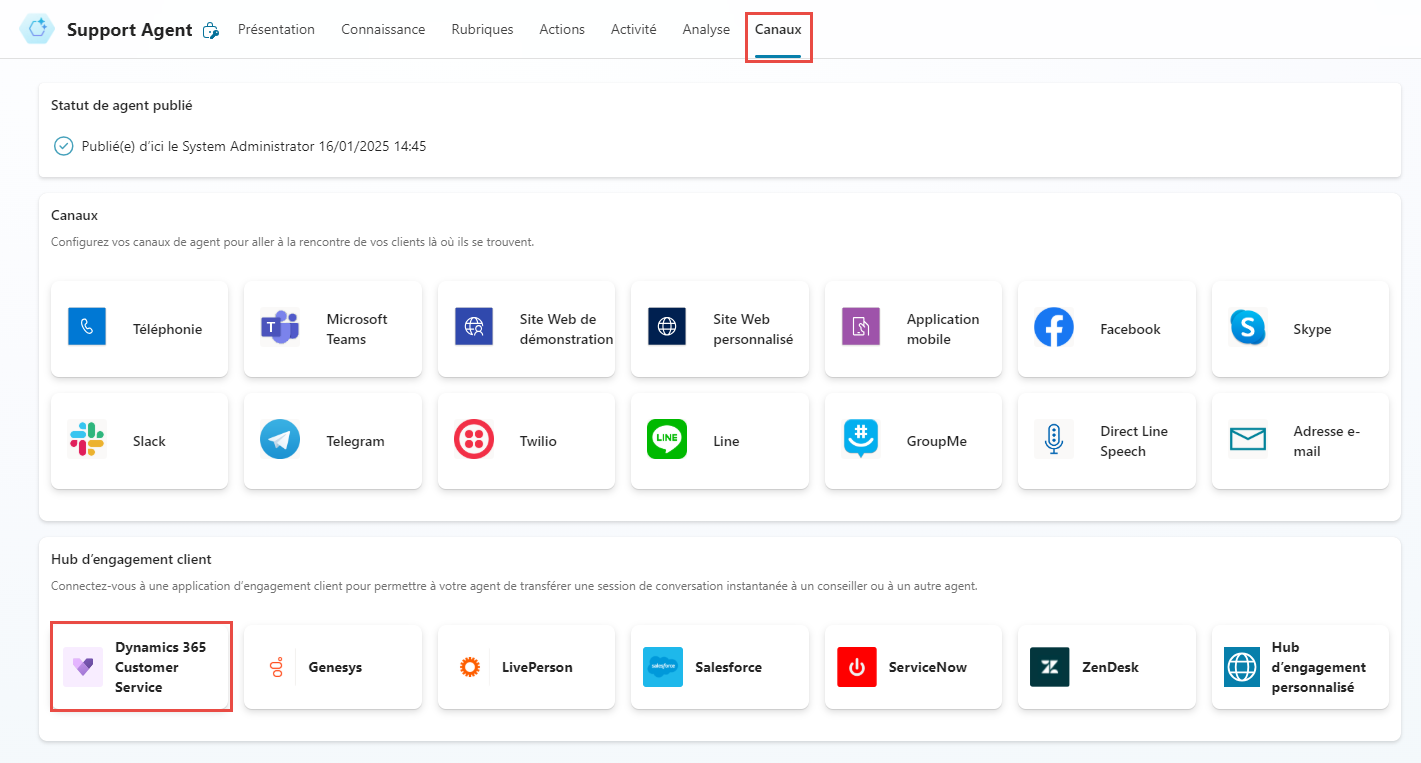 Capture d’écran de la vignette Dynamics 365 Customer Service cliquée.