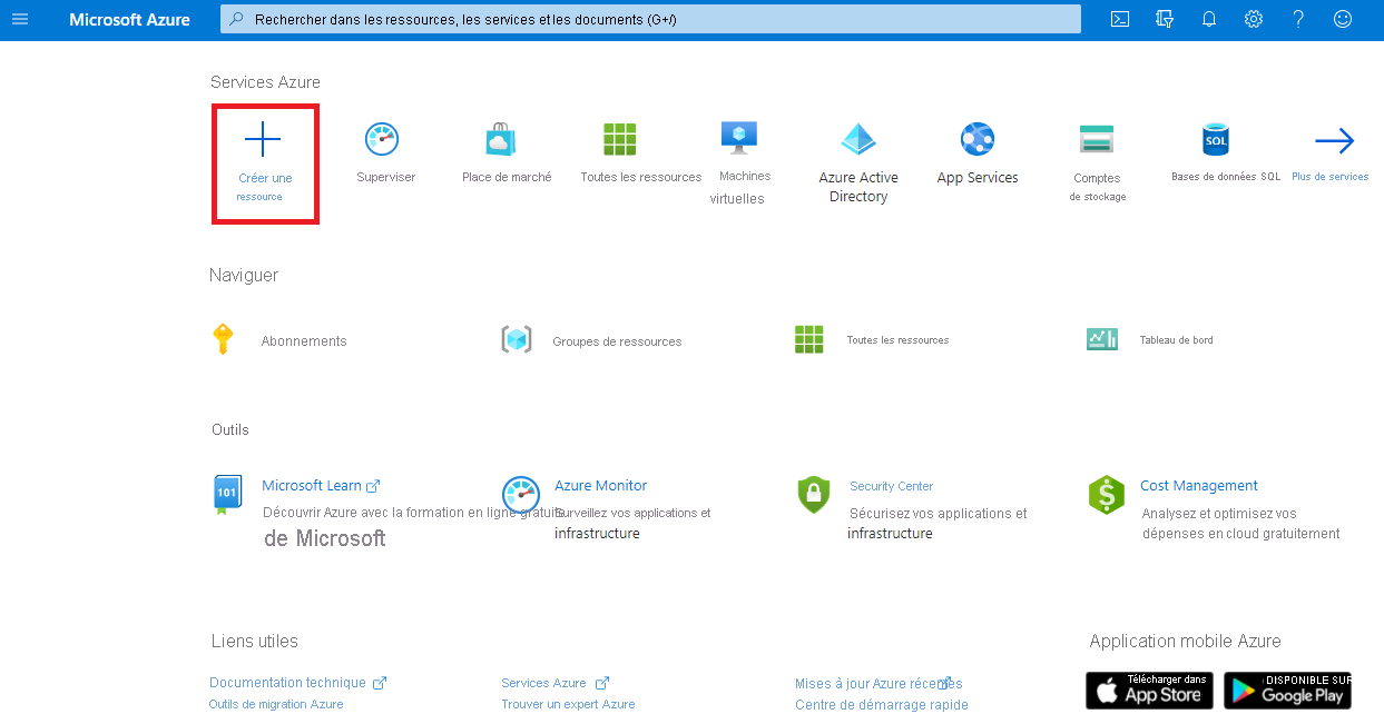 Capture d’écran du menu du portail Azure et de l’option Créer une ressource.
