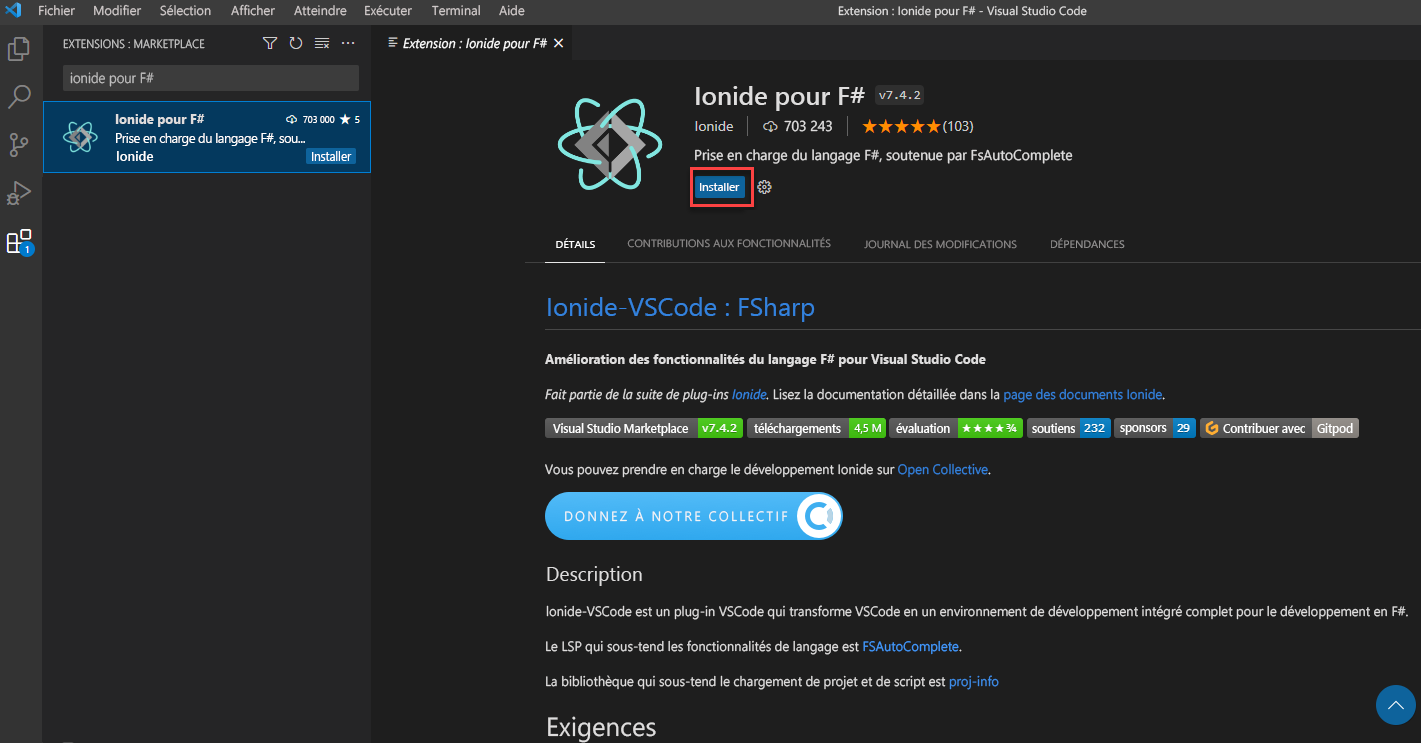Capture d’écran de la vue extensions Visual Studio Code qui affiche la page d’installation de l’extension F# Ionide avec une zone autour du bouton Installer.
