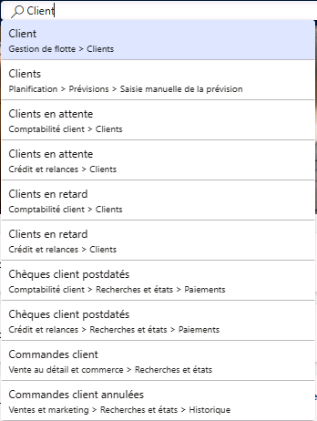 Capture d’écran des résultats d’une recherche de la page Client dans la boîte de recherche.