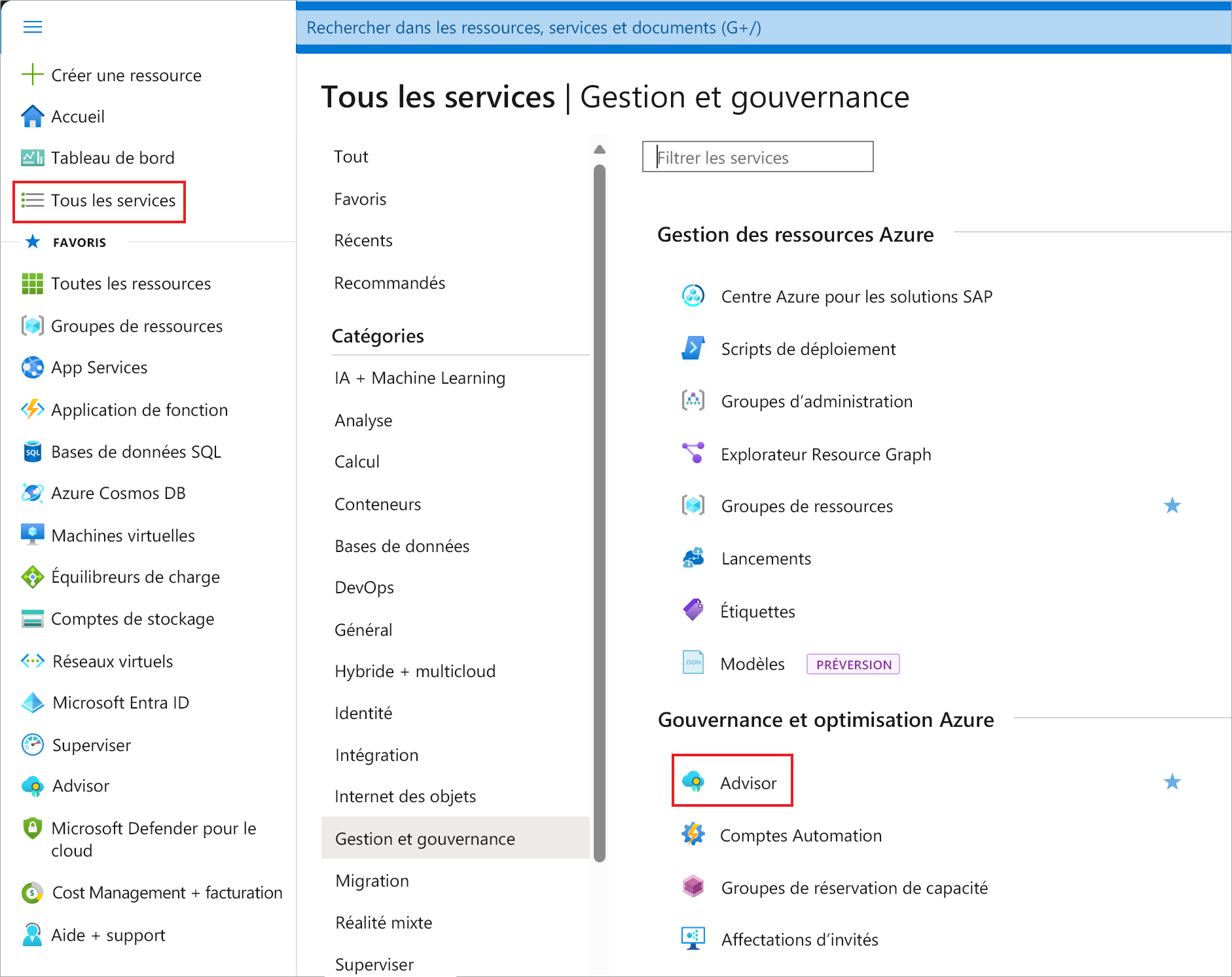 Capture d’écran montrant où trouver Advisor sous Tous les services.