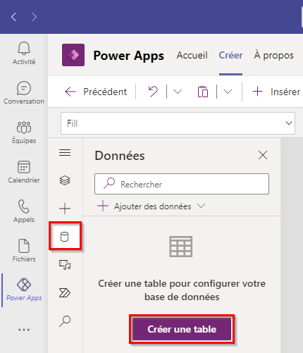 Capture d’écran du bouton Créer une table.