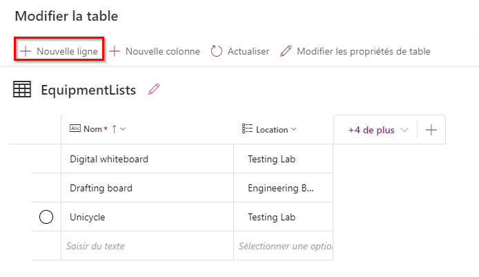 Capture d’écran de la table EquipmentLists avec des données renseignées.