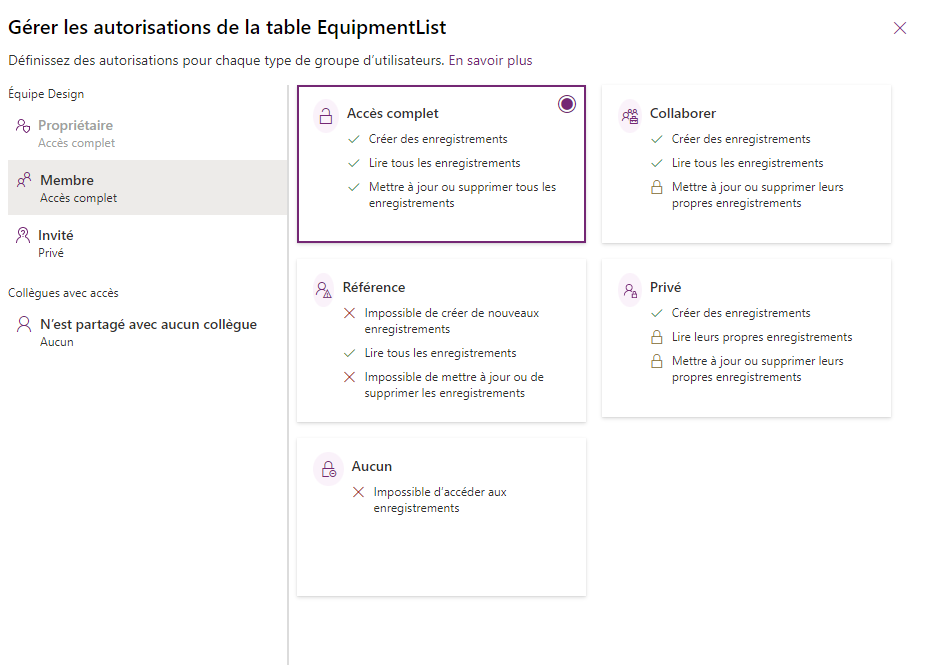 Capture d’écran de la liste des autorisations avec l’option Accès complet sélectionnée.