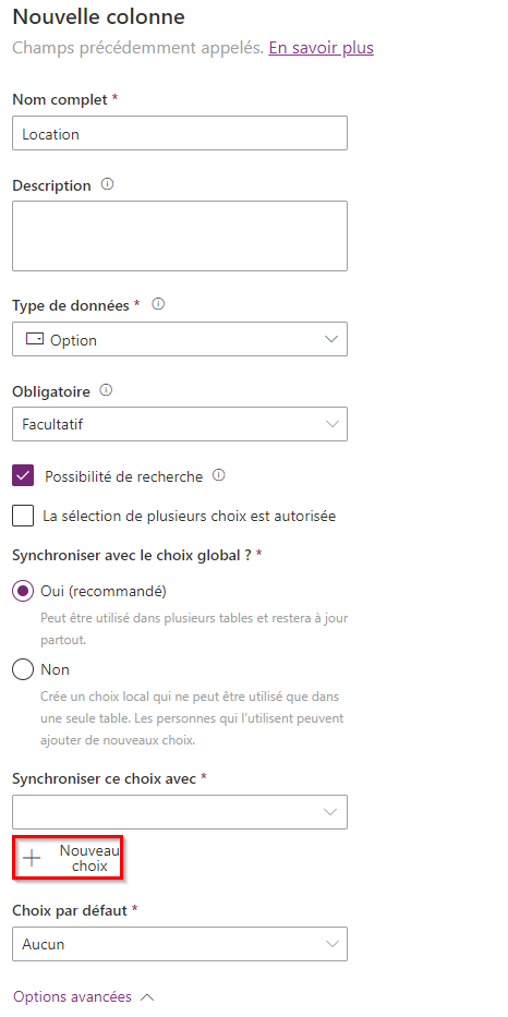 Capture d’écran du volet Nouvelle colonne illustrant l’option Choix sélectionnée sous Type de données et mettant en évidence le bouton + Nouveau choix sous Choix.