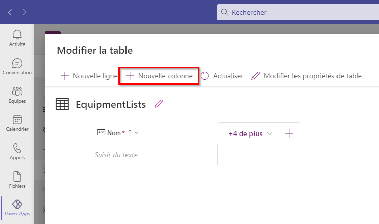 Capture de l’écran Modifier la table > EquipmentLists avec le bouton + Nouvelle colonne mis en évidence.