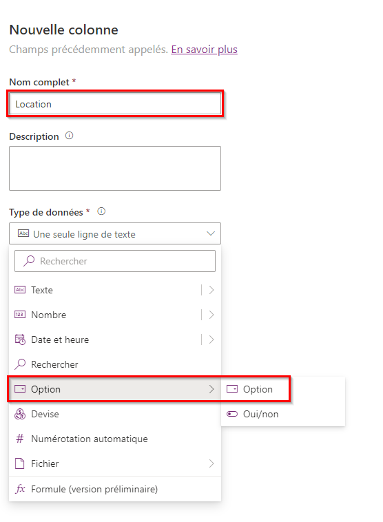 Capture d’écran du volet Nouvelle colonne avec la valeur Location saisie dans le champ Nom d’affichage et l’option Choix sélectionnée sous Type de données.