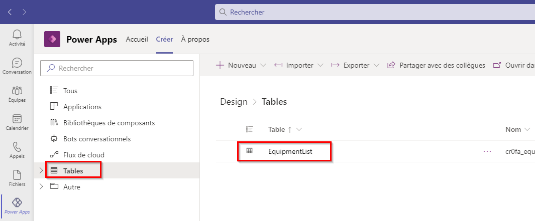 Capture d’écran du menu Tables cliqué dans le volet de navigation et de la table existante sélectionnée mis en évidence.