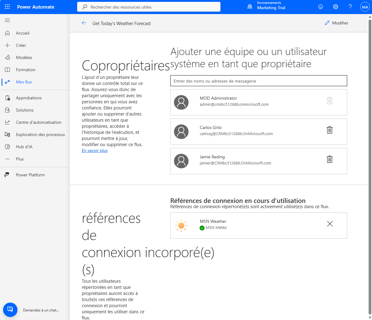 Capture d’écran de la page Copropriétaires montrant le bouton Supprimer le propriétaire du flux (icône Corbeille) à côté de chaque copropriétaire.