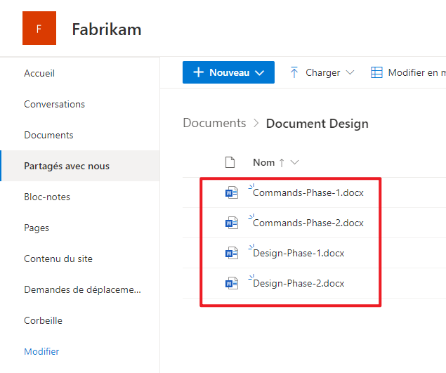Capture d’écran d’une liste des mêmes fichiers dans SharePoint.