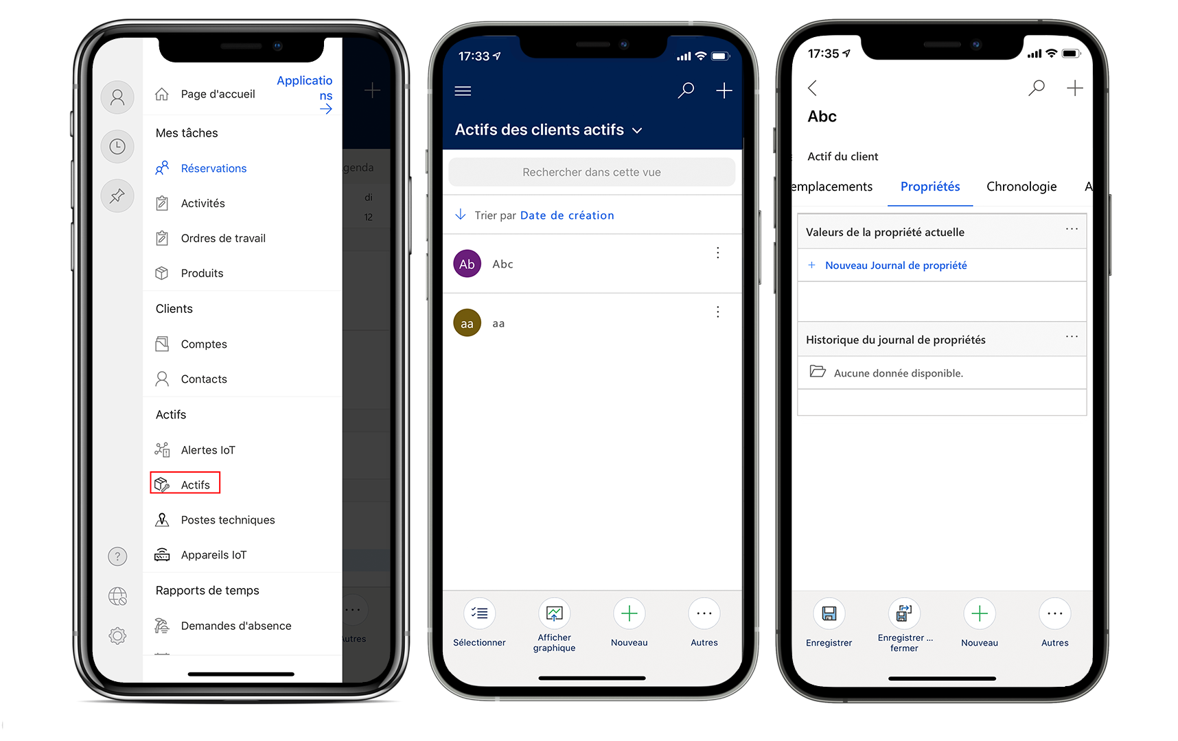 Capture d’écran du rendu de l’appareil avec l’application Field Service Mobile, présentant les actifs clients actifs dans une liste.