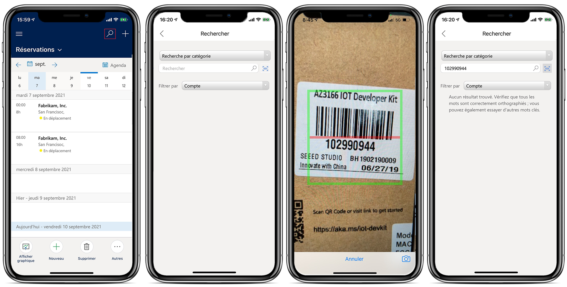 Capture d’écran d’une image simulée montrant quatre appareils mobiles à différentes étapes du processus d’analyse du codes-barres.