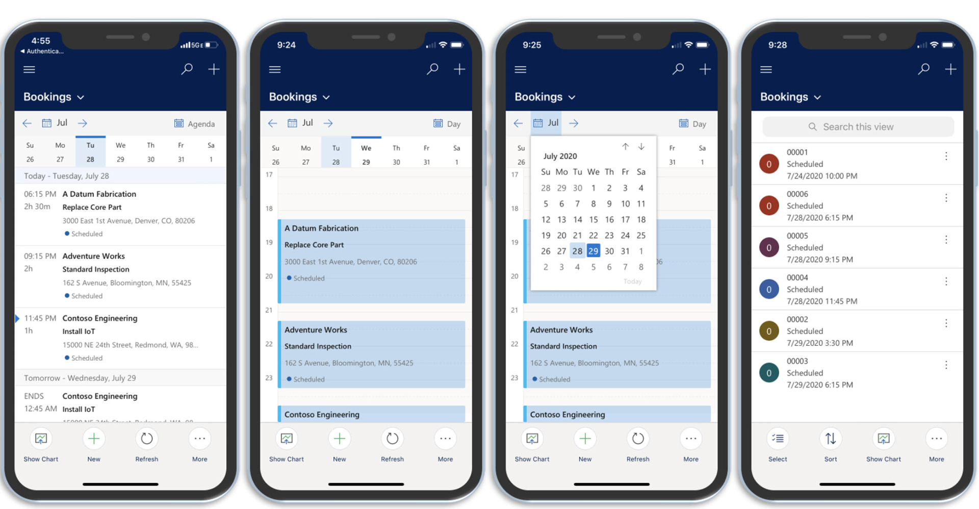 Capture d’écran de l’application Field Service Mobile avec la liste de réservations par date et les réservations dans une liste plate.