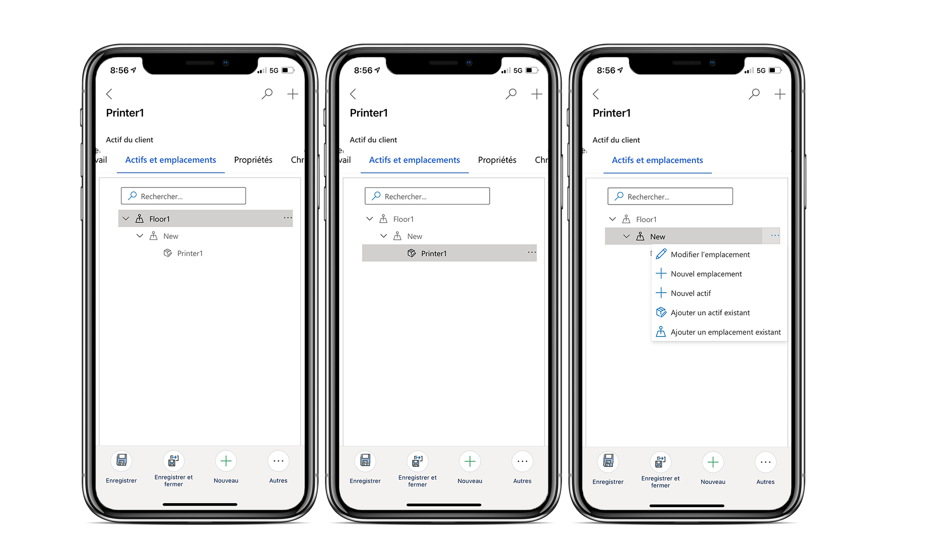 Capture d’écran de l’application Field Service Mobile illustrant les hiérarchies d’actifs et les postes techniques.
