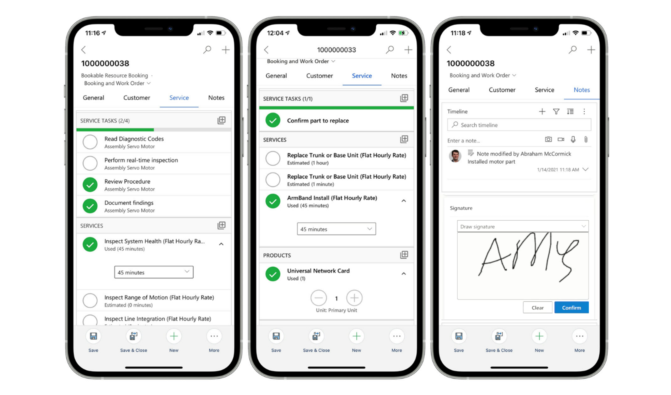 Captures d’écran de l’onglet Service sur la réservation de ressources pouvant être réservées, les tâches de service et l’onglet Notes.