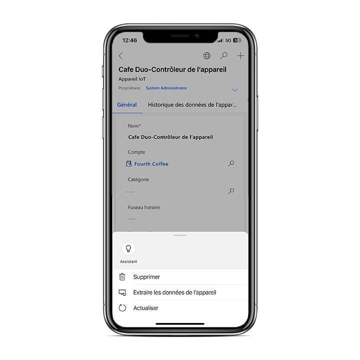 Capture d’écran d’un téléphone mobile présentant l’enregistrement d’un appareil IoT dans l’application Field Service Mobile.