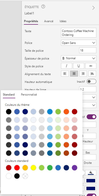 Capture d’écran de l’icône représentant un pot de peinture cliquée pour révéler le sélecteur de couleur.