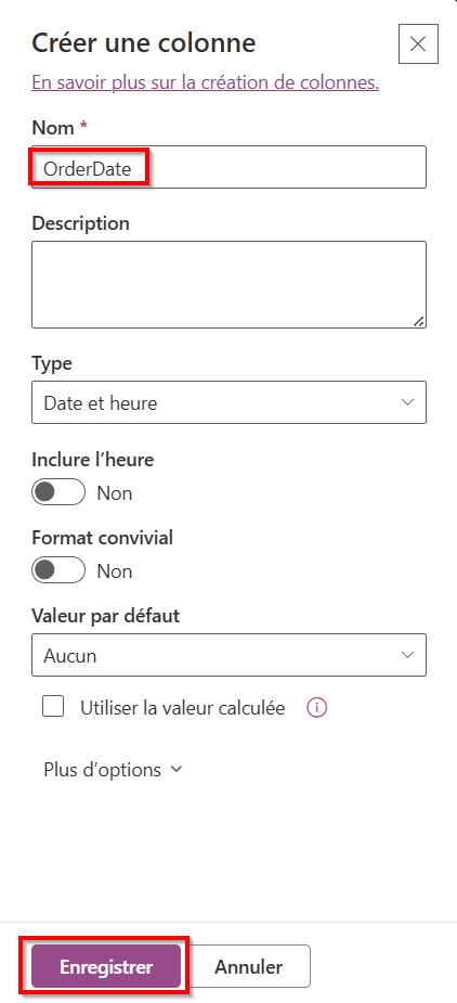 Capture d’écran de la boîte de dialogue Créer une colonne avec le champ Saisie du nom et le bouton Enregistrer mis en évidence.