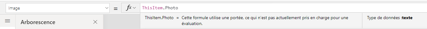 Capture d’écran de l’option Image sélectionnée dans la barre de formule avec la formule définie sur ThisItem.Photo.