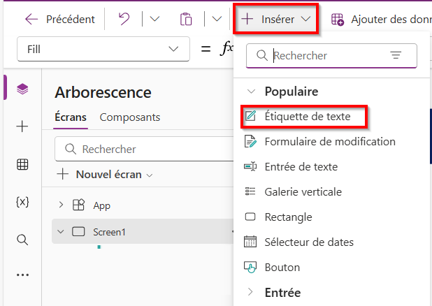 Capture d’écran du menu Insérer développé pour afficher la section Éléments populaires, notamment l’option Libellé de texte.