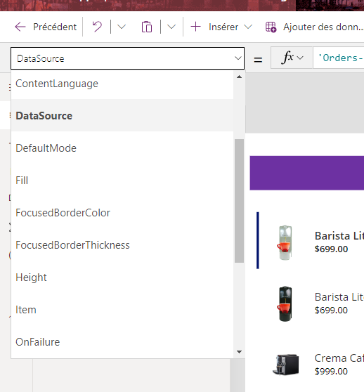 Capture d’écran du menu déroulant avec l’option DataSource par défaut sélectionnée et l’option Item qui s’affiche.